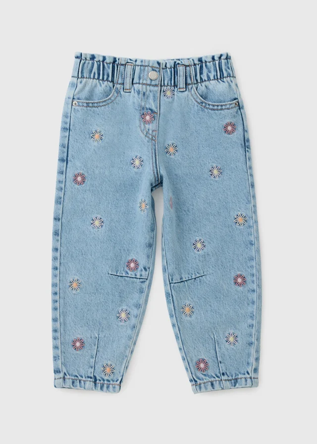 Girls Lightwash Floral Barrel Jeans (1-7yrs)