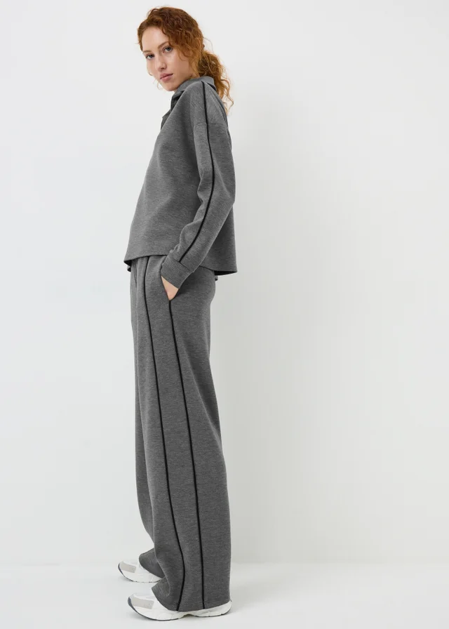 Charcoal Piped Scuba Wide Leg Co Ord Trousers