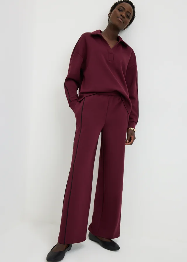 Burgundy Piped Scuba Co-Ord Wide Leg Trouser