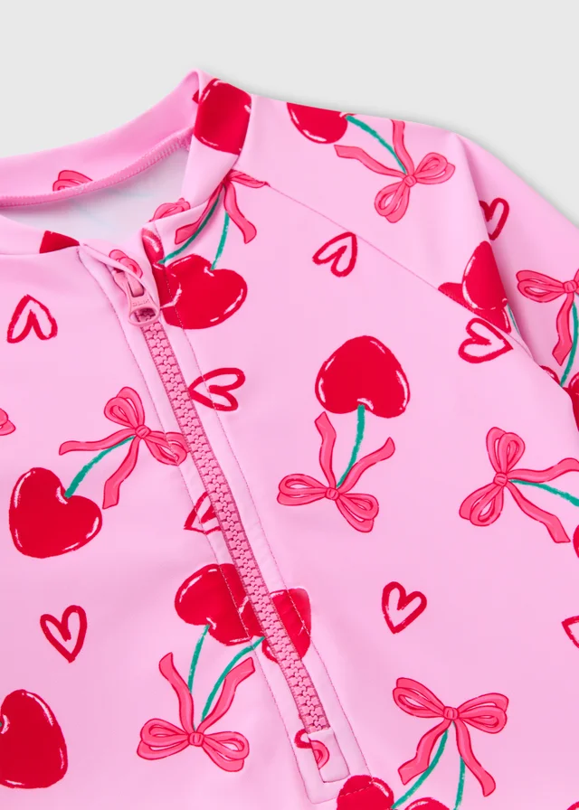 Girls Pink Cherry Long Sleeve Swimsuit (1-7yrs)