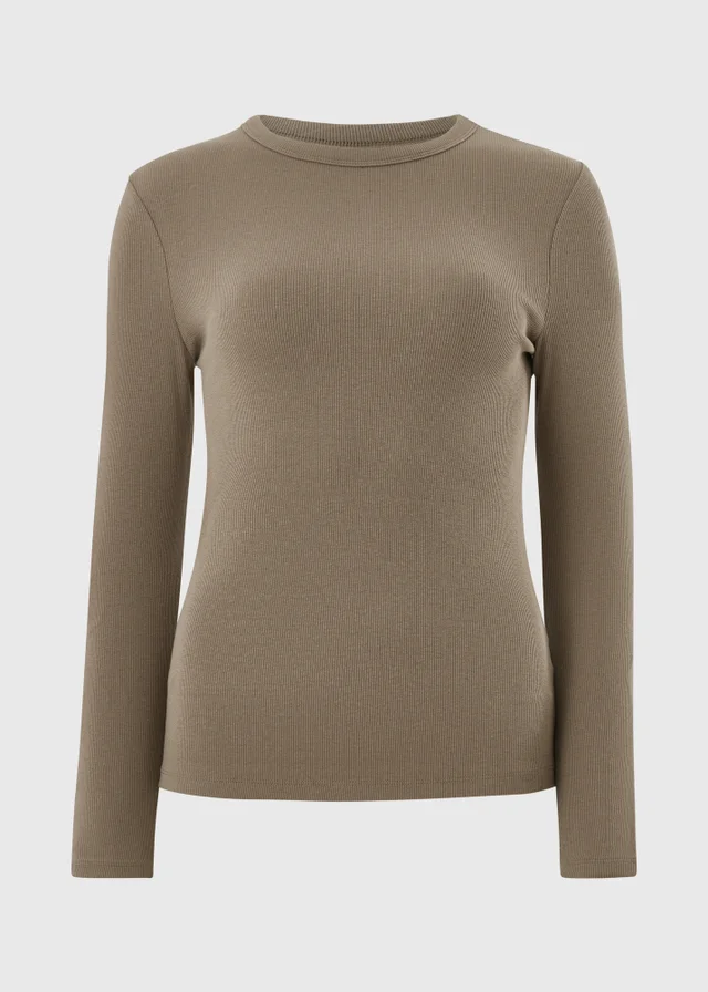 Beige Ribbed Long Sleeve T-Shirt
