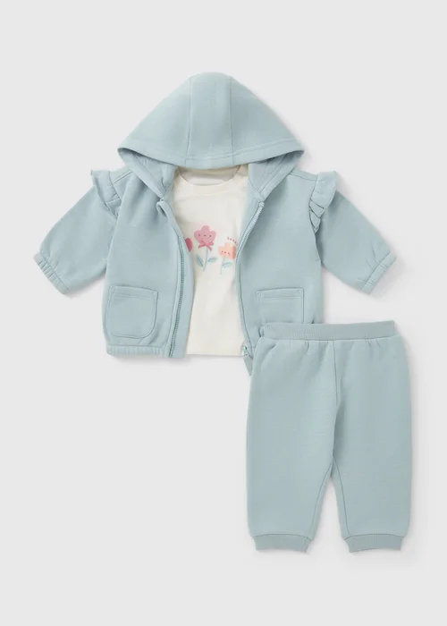 3 Piece Baby Blue Flower Sweatshirt & Jogging Bottom Set (Newborn-23mths) - Up to 1 Month Image 1