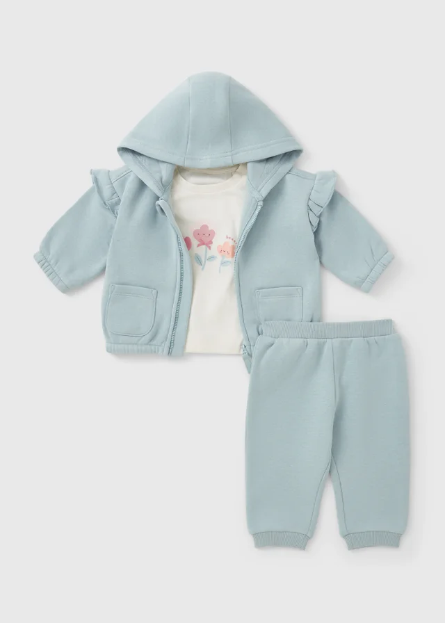 3 Piece Baby Blue Flower Sweatshirt & Jogging Bottom Set (Newborn-23mths)