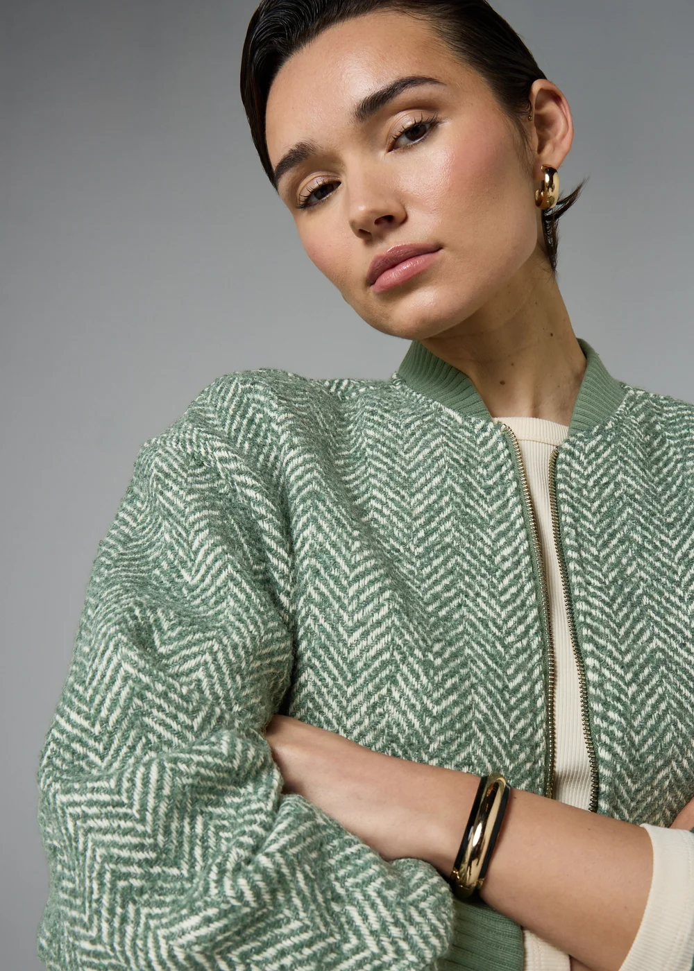 Et Vous Green Herringbone Bomber Jacket - XL Image 2