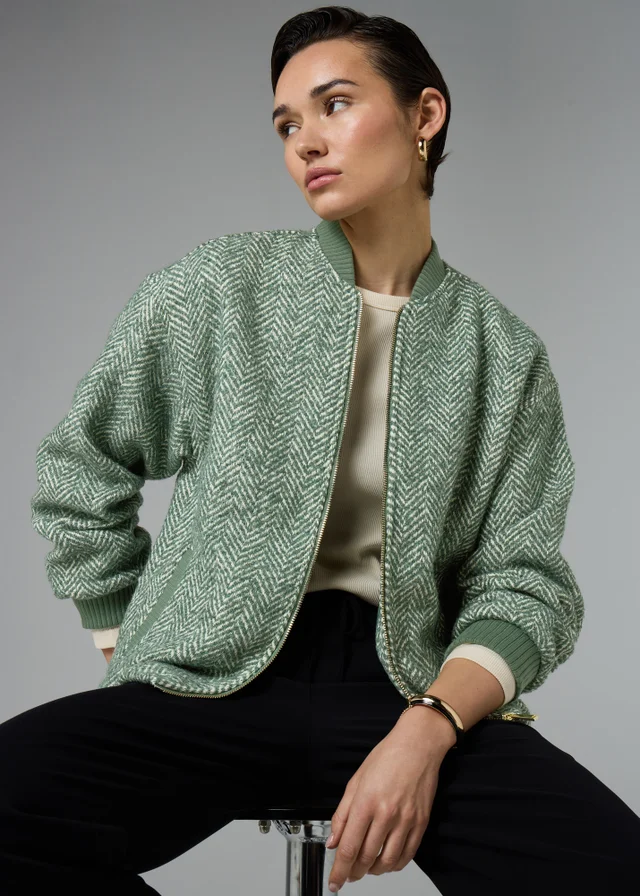 Et Vous Green Herringbone Bomber Jacket