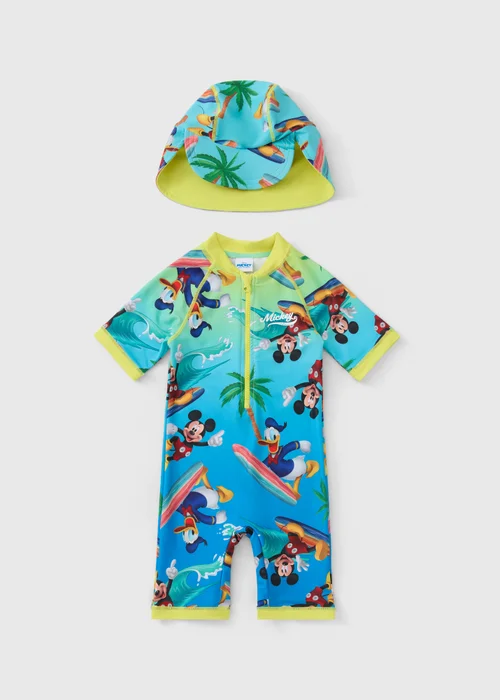 Disney Boys Blue Mickey & Friends Surf Suit & Hat Set (6mths-5yrs) - Age 6 - 9 Months Image 1