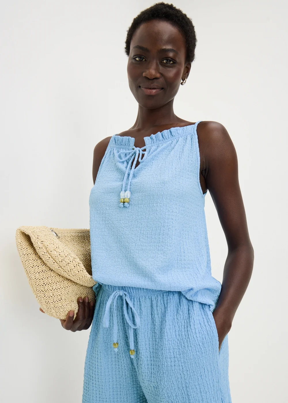 Blue Textured Tie Co Ord Cami Top - Small Image 1