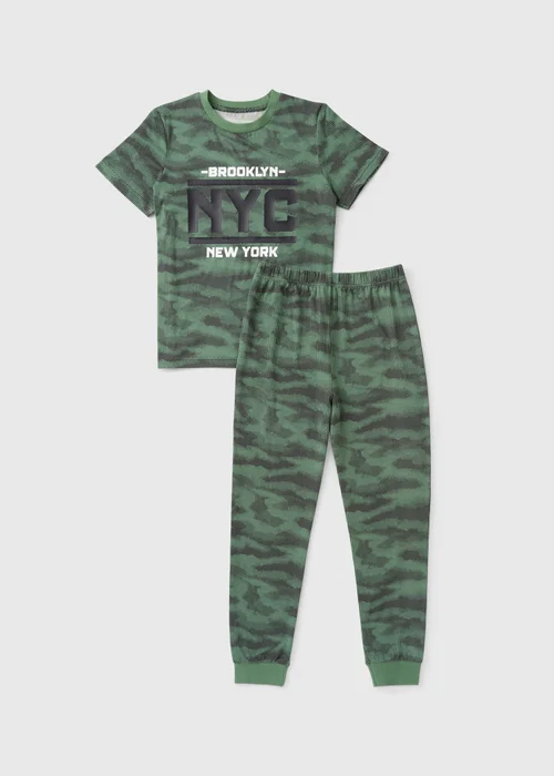 Boys Green Camo Print NYC Pyjama Set (7-13yrs) - Age 7 Years Image 1