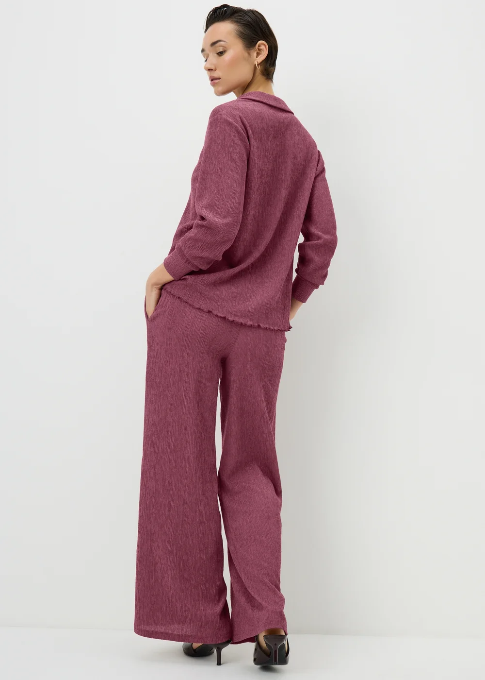 Berry Textured Wide Leg Co Ord Trousers - 22/L31 Image 3