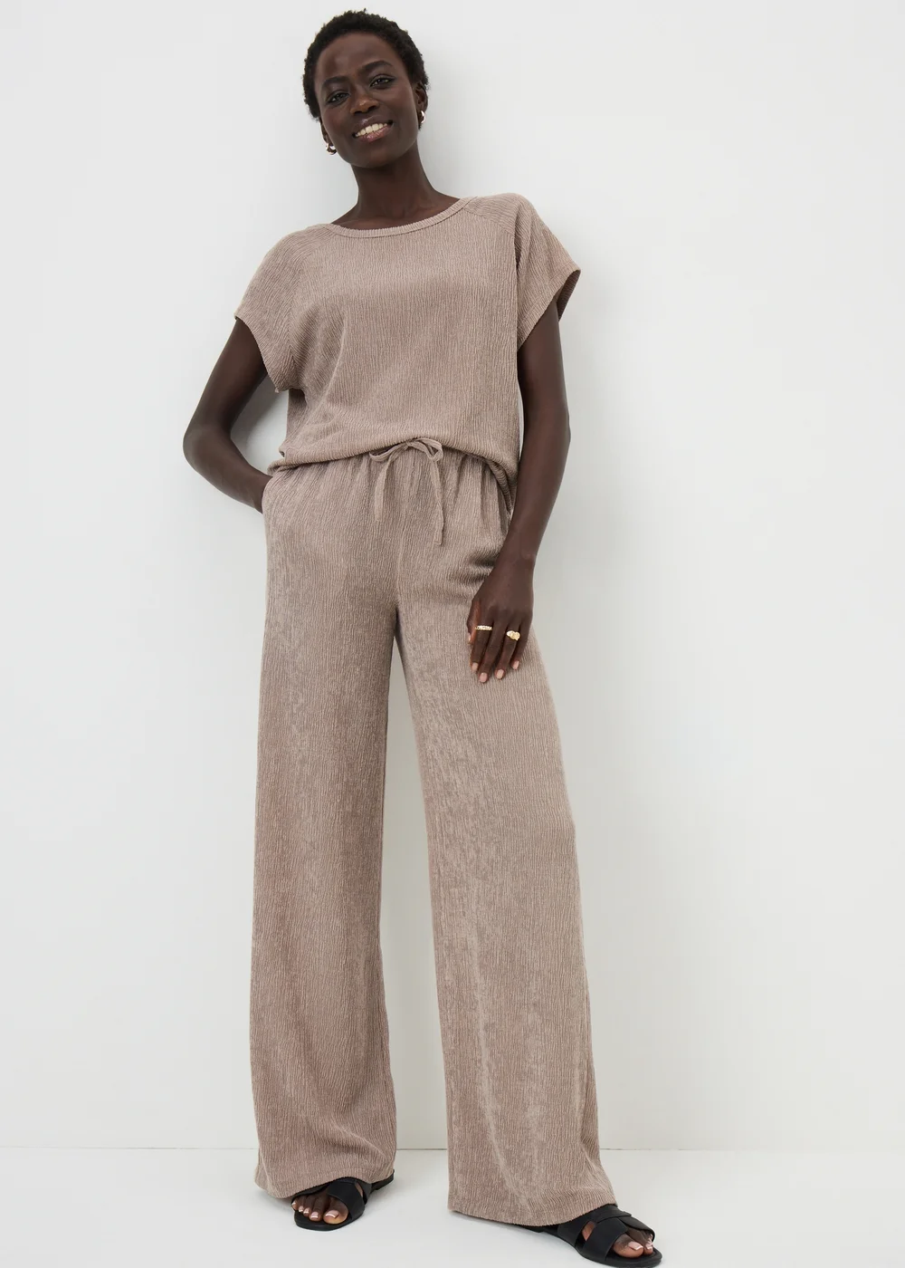 Taupe Textured Co Ord Wide Leg Trousers - Size 14 29 leg Image 1