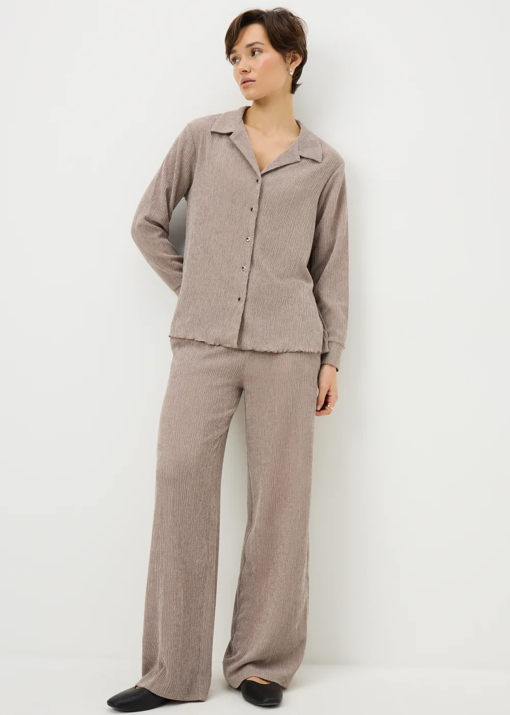 Taupe Textured Wide Leg Co Ord Trousers - Size 14 29 leg Image 1