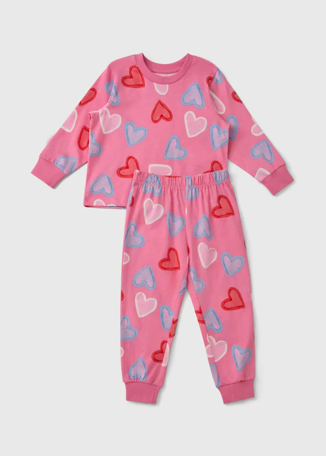 Girls Pink Heart Valentines Long Pyjama Set (1-13yrs)