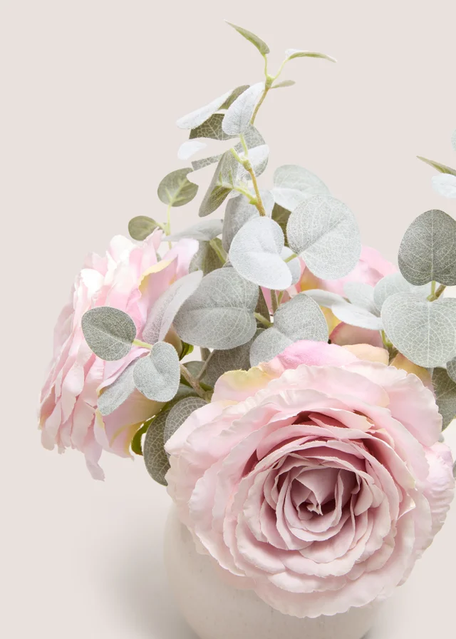 Pink Roses & Eucalyptus In Cream Pot