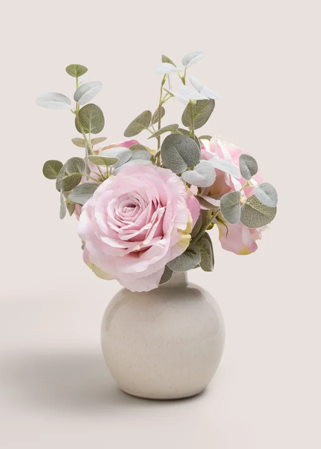 Pink Roses & Eucalyptus In Cream Pot