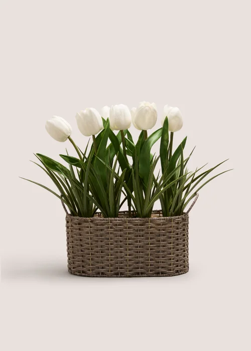 White Tulip In Woven Pot Image 1