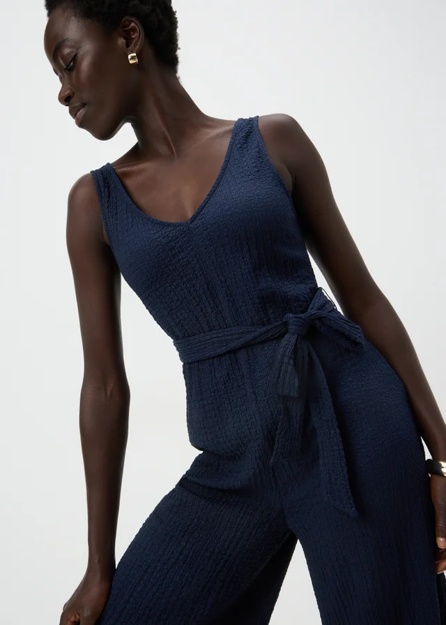 Papaya Petite Navy Textured Crinkle Jumpsuit