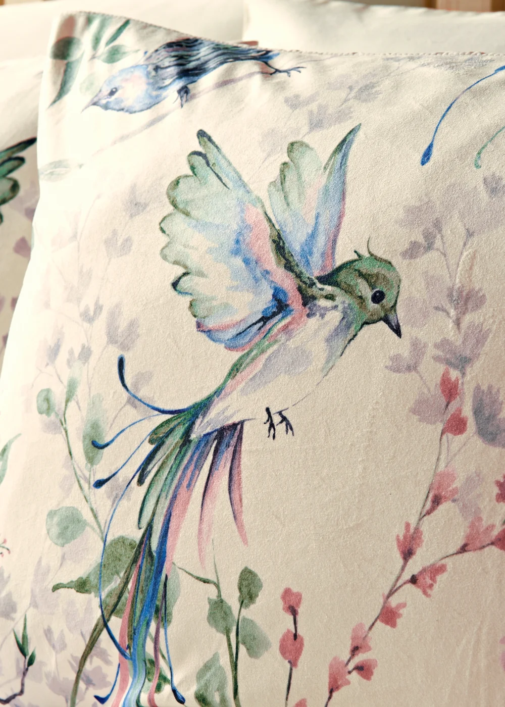 Cream Floral Bird Velvet Duvet Set - Double Image 2