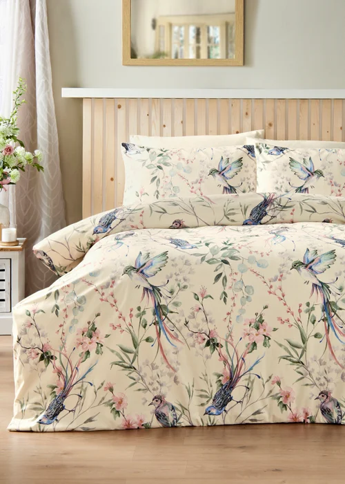 Cream Floral Bird Velvet Duvet Set - Double Image 1