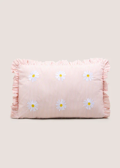 Pink Stripe Daisy Embroidered Frill Edge Cushion Image 1