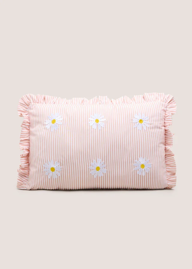 Pink Stripe Daisy Embroidered Frill Edge Cushion