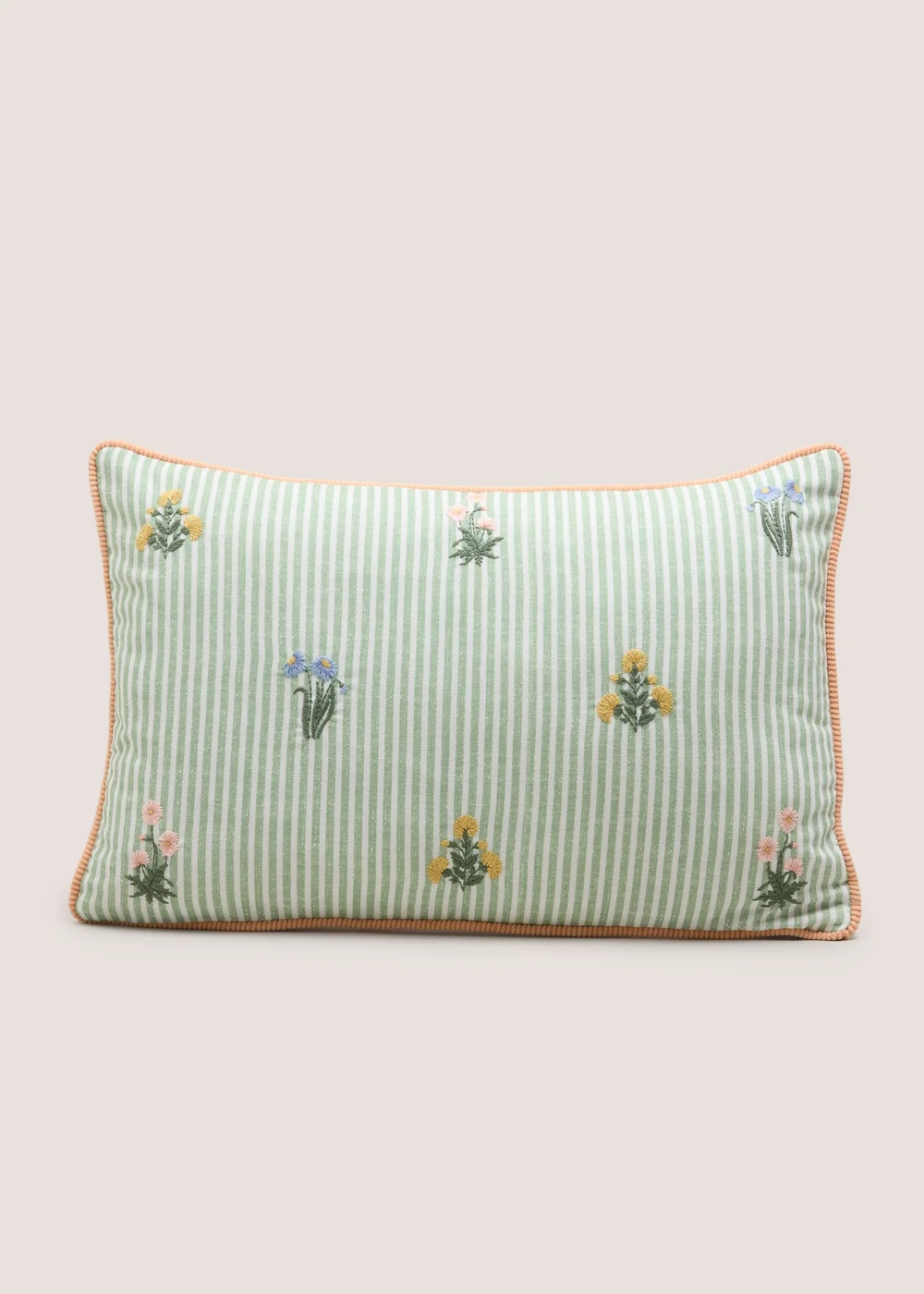 Green Stripe Floral Embroidered Cushion Image 1