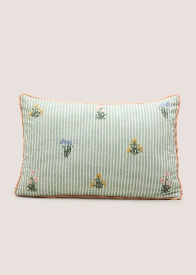 Green Stripe Floral Embroidered Cushion