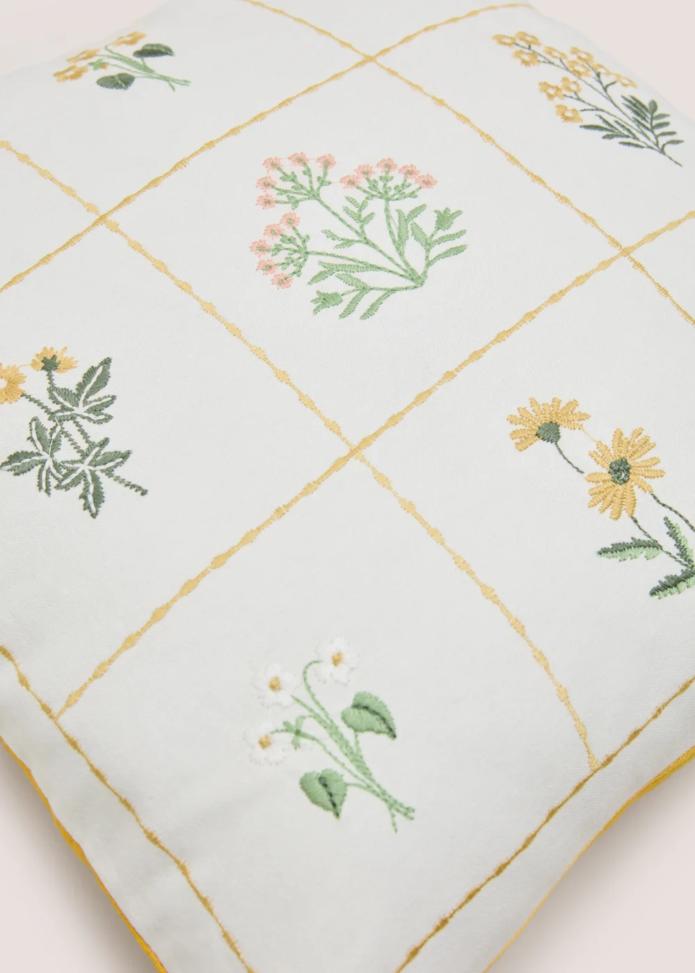 White Cotton Floral Embroidered Cushion Image 2