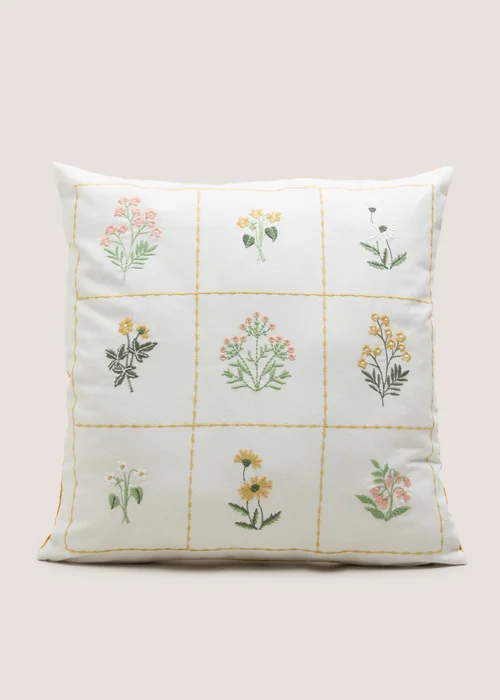 White Cotton Floral Embroidered Cushion Image 1