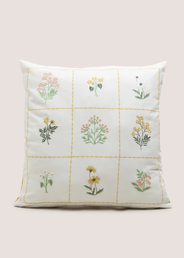 White Cotton Floral Embroidered Cushion