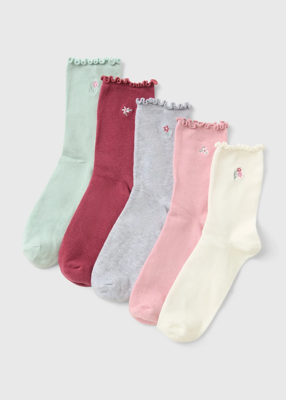 5 Pack Tonal Floral Frill Ankle Socks - One Size Image 1