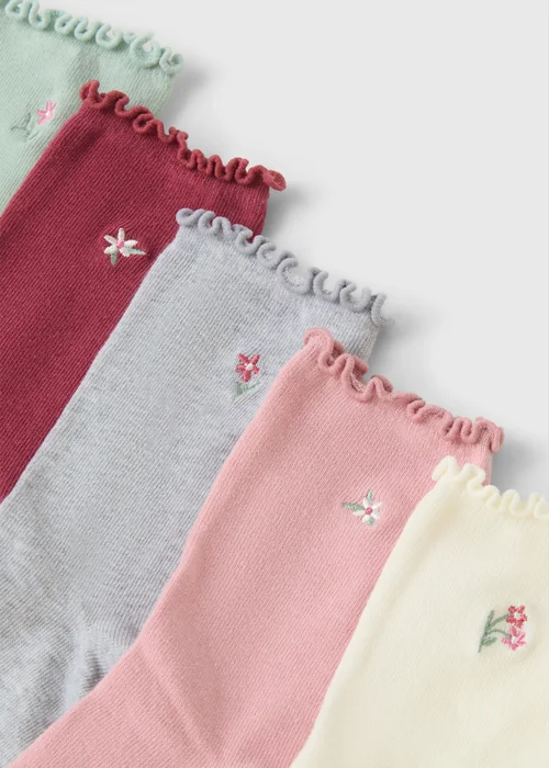 5 Pack Tonal Floral Frill Ankle Socks - One Size Image 2