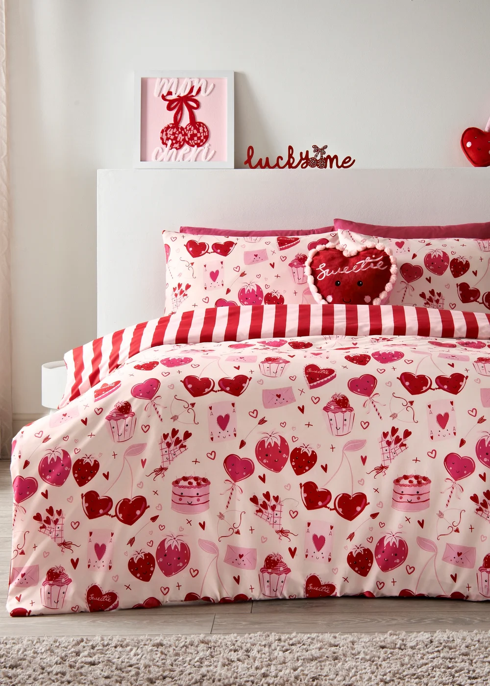 Pink Valentine’s Heart Cake & Strawberry Duvet Set - Double Image 1