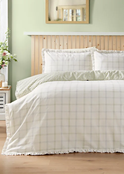 Green Grid Check Frill Duvet Set - Double Image 1