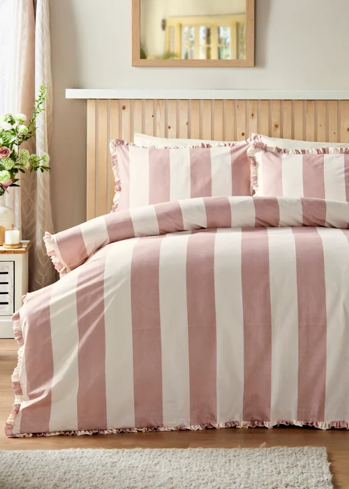 Pink Wide Stripe Pleat Duvet Set - Double Image 1