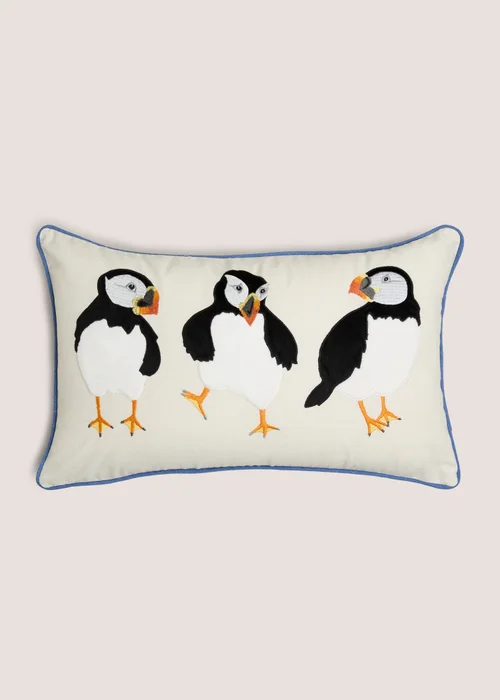 Blue Puffin Embroidered Cushion Image 1