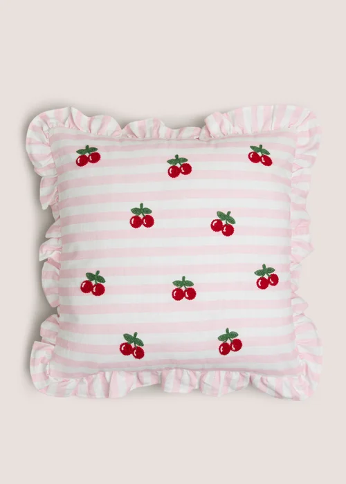 Pink Cotton Cherry Embroidered Frill Edge Cushion Image 1