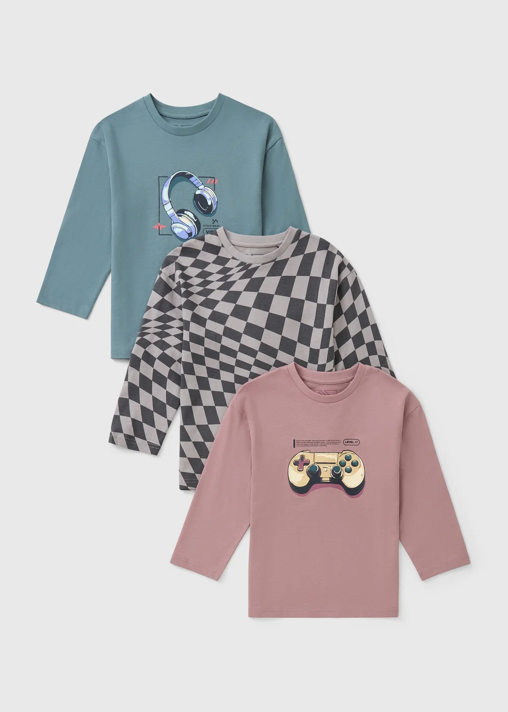 3 Pack Boys Multicolour Checkerboard Gamer T-Shirts (7-15yrs) - Age 7 Years Image 1