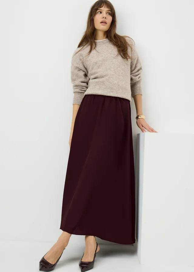 Burgundy Satin Drawstring Maxi Skirt