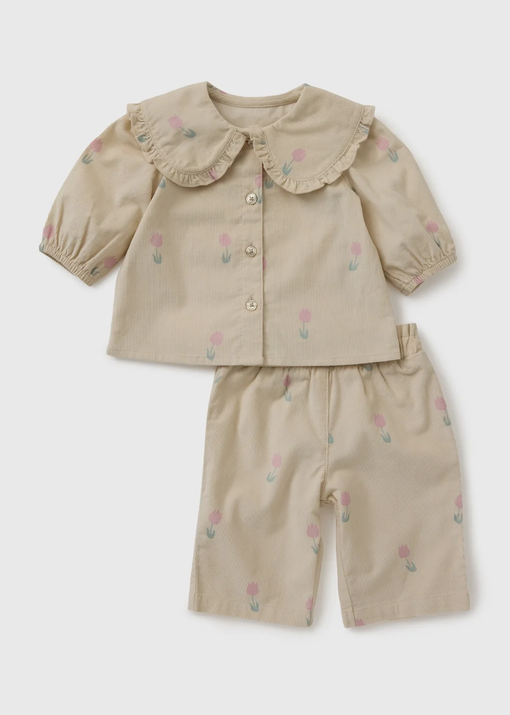 Baby Beige Tulip Cord Blouse & Trouser Set (Newborn-23mths) - Up to 1 Month Image 1