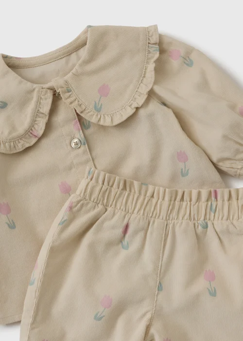 Baby Beige Tulip Cord Blouse & Trouser Set (Newborn-23mths) - Up to 1 Month Image 2