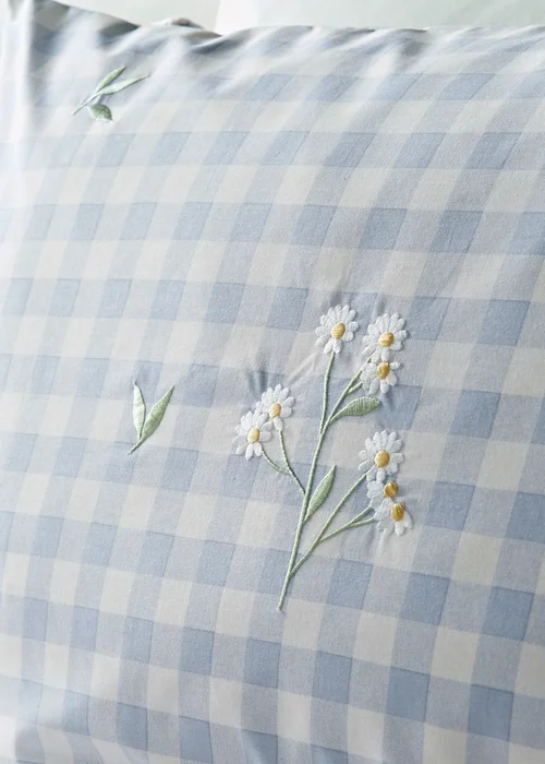 Blue Daisy Embroidered Gingham Duvet Set - Double Image 2