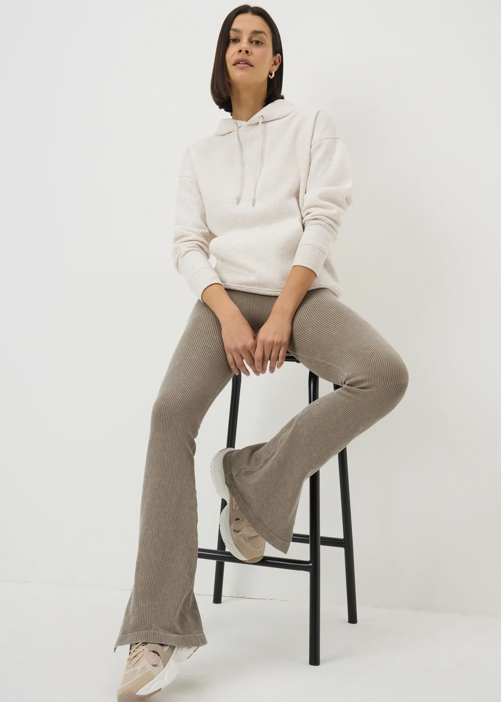 Beige Ribbed Flare Side Split Leggings - S Image 1