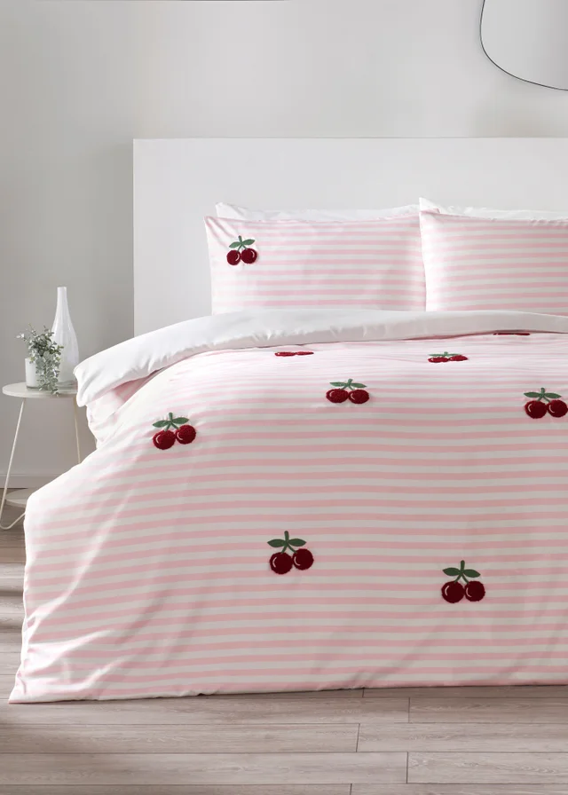 Pink Stripe Cherry Boucle Duvet Set