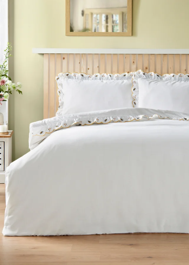 White Frill Bee Embroidered Duvet Set