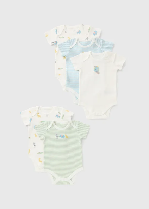 5 Pack Baby Multicolour Safari Bodysuits (Newborn-23mths) - First Size Image 1