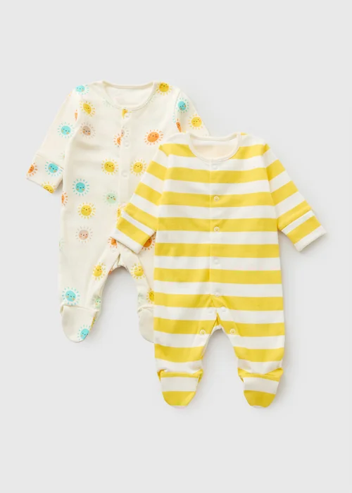 2 Pack Baby Yellow Sun Stripe Sleepsuits (Newborn-23mths) - First Size Image 1