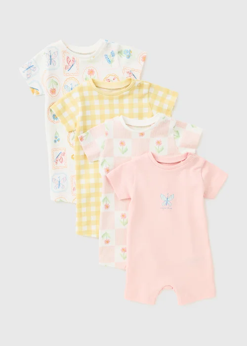 4 Pack Baby Pink Floral Rompers (Newborn-18mths) - First Size Image 1
