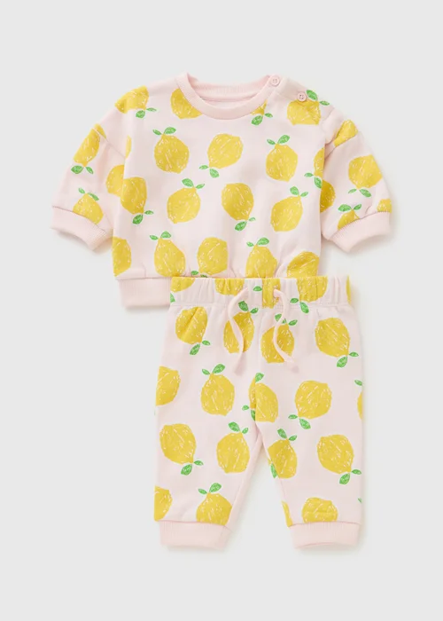 Girls Pink Lemon Print Sweatshirt & Jogging Bottom Set (Newborn-23mths) - Up to 1 Month Image 1