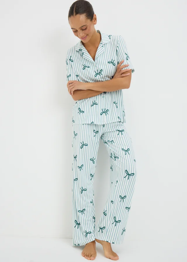 Green Stripe Bow Button Pyjama Set