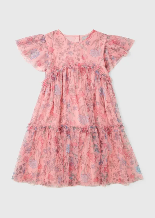 Girls Pink Floral Print Mesh Dress (7-15yrs) - 7 Yrs Image 1